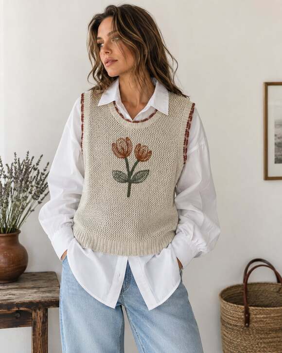 KLD Sweaters - KLD Cream Knit Boho Vest with Brown Tulip Embroidery, size M/L